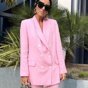 Zara Oversized Pink Double Breasted Blazer Jacket - Size: Large